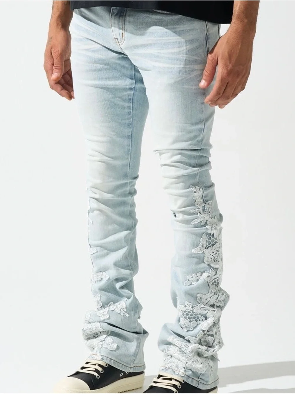 Serenede Garden Stacked Lace Applique Light Wash Unisex Denim Jeans 